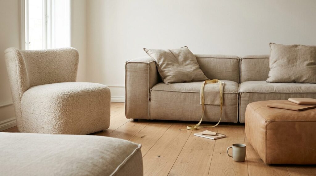 Skandinavisk stue med sofaer i hør, uld og læder på egetræsgulv, detaljer af stoffers tekstur og målebånd.