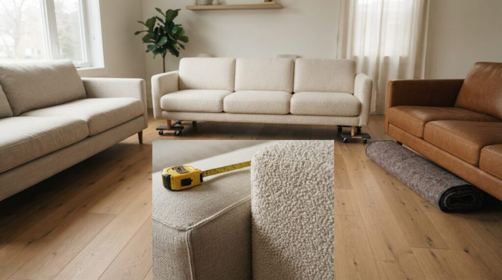 Sofaer i lin, uld og læder på egetrægulv i minimalistisk stue med dagslys, detaljebilleder af stofvævning og målebånd.